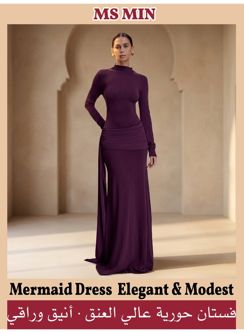 MS MIN Women's Luxury High Neck Long Sleeve Maxi Dress, Slim Fit Bodycon, Elegant Modest Formal Dress for Wedding Guest & Party - Image 1